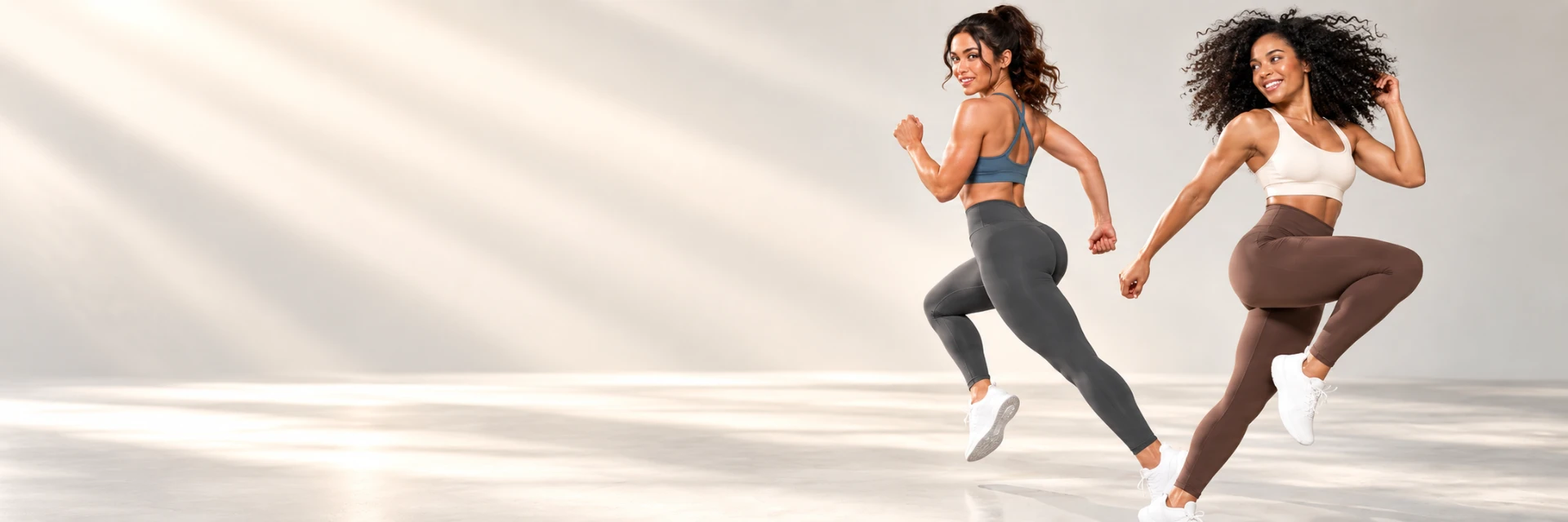 Two women in sports bras and high-waist leggings mid-workout in a bright studio